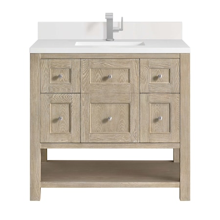 James Martin Vanities 36'' Single Vanity, Whitewashed Oak w/ Single Hole 3CM White Zeus Quartz Top & Backsplash 330-V36-WWO-1WZ